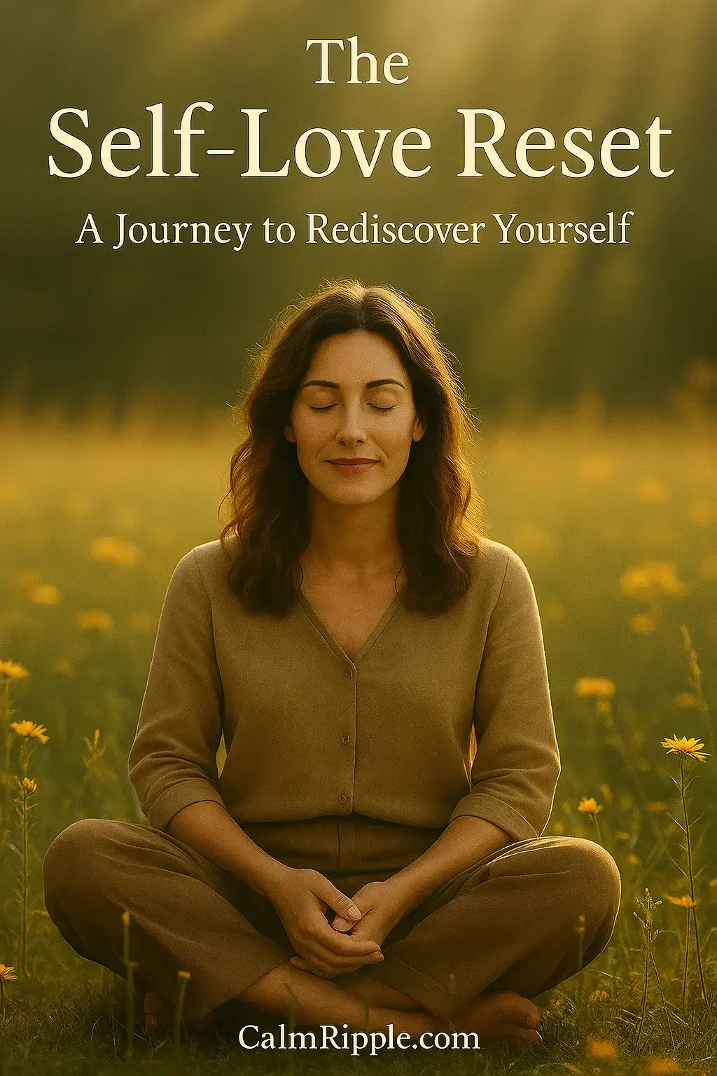Book cover of "The Self-Love Reset: A Journey to Rediscover Yourself" featuring a peaceful woman sitting cross-legged in a green landscape, hand on heart, surrounded by plants and soft hills.