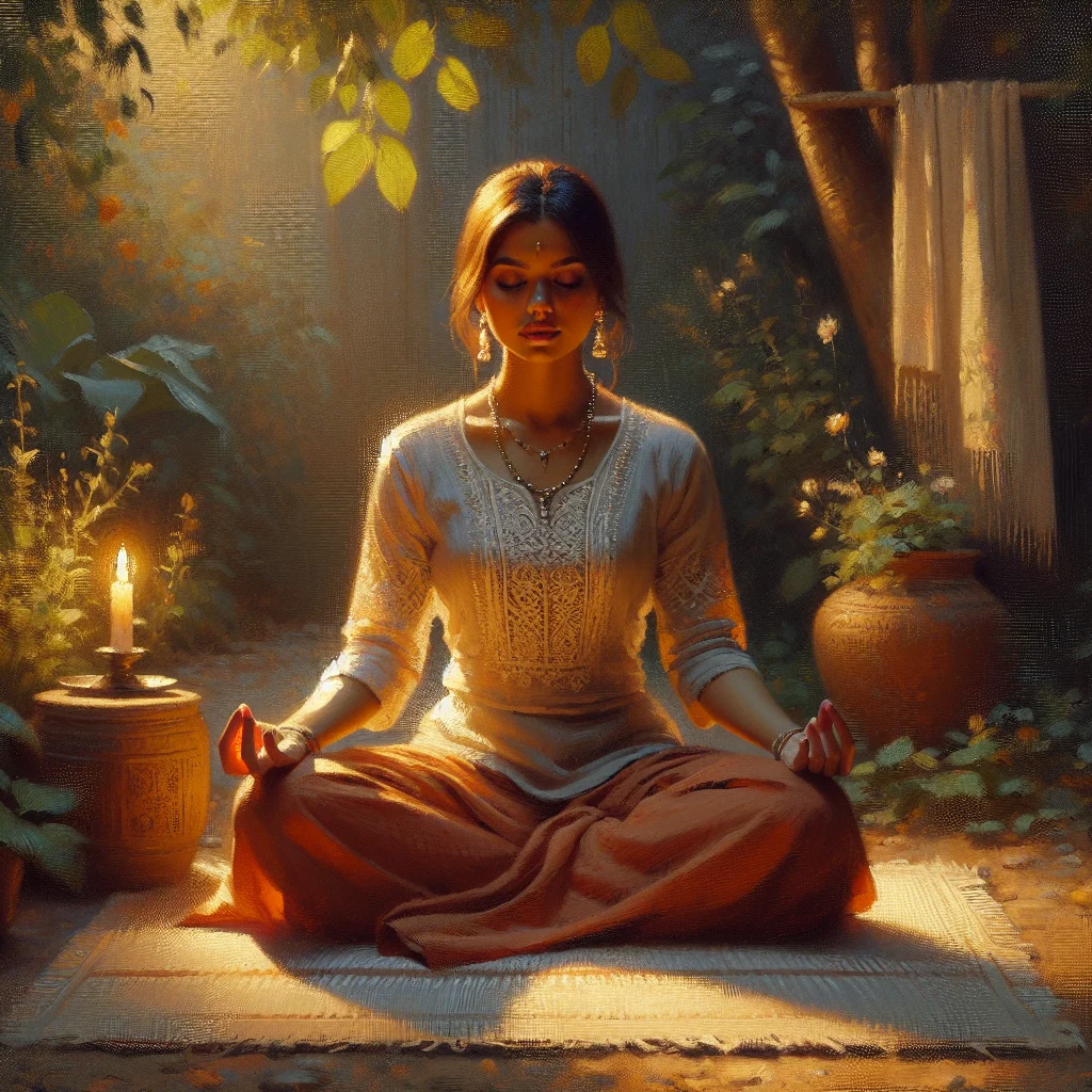 Person meditating alone in a lush green forest, disconnected from technology