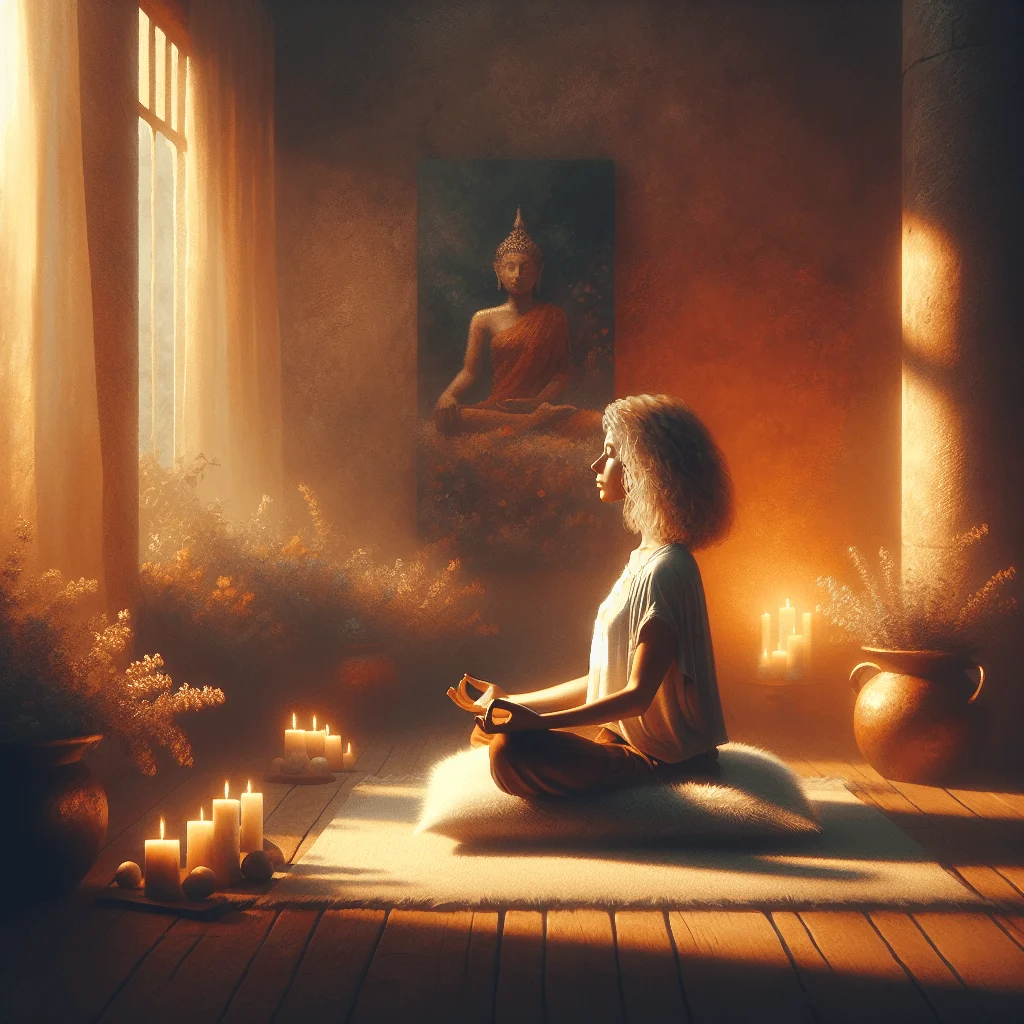Individual meditating facing west during sunset