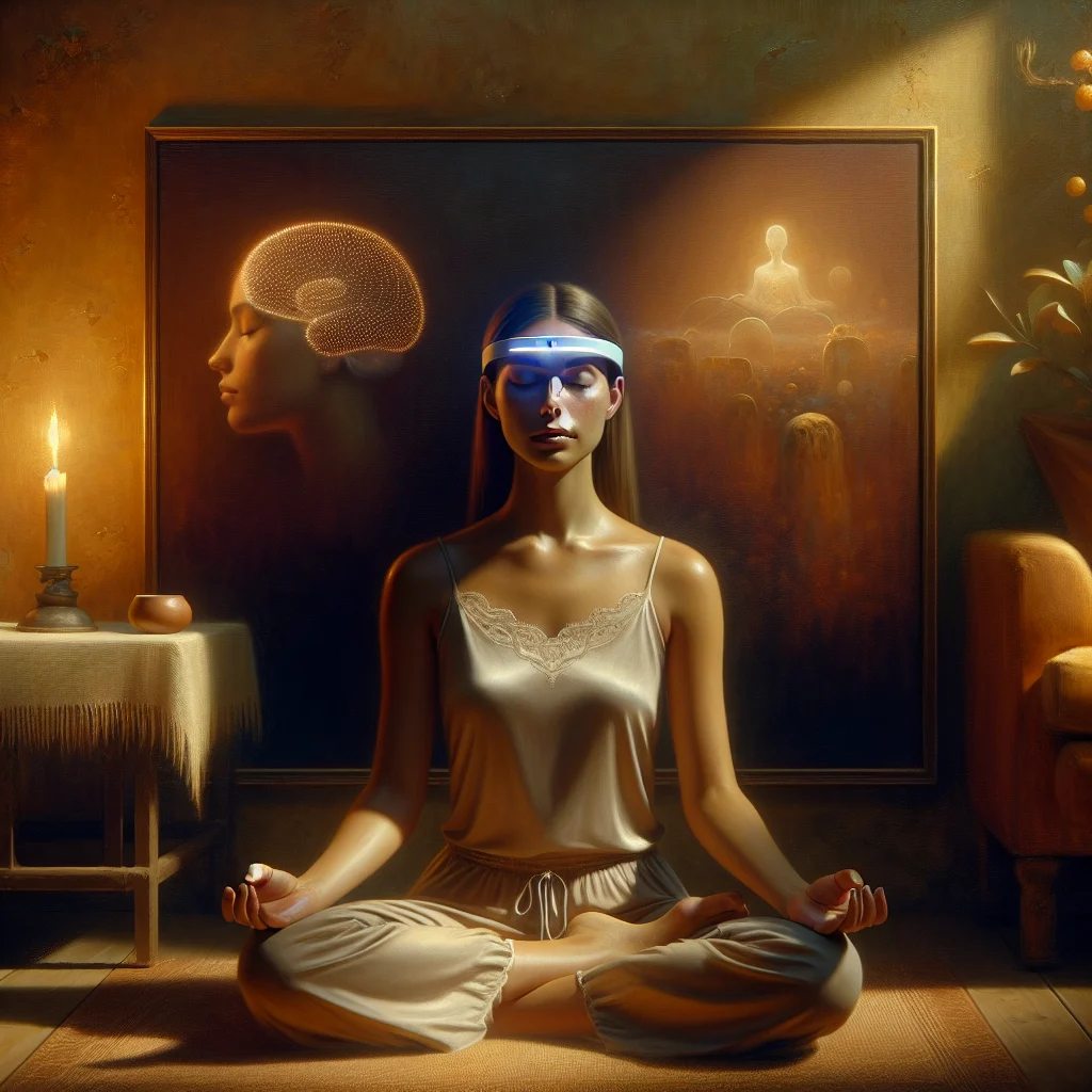 User using AI-based meditation app with peaceful digital interface in tranquil home environment