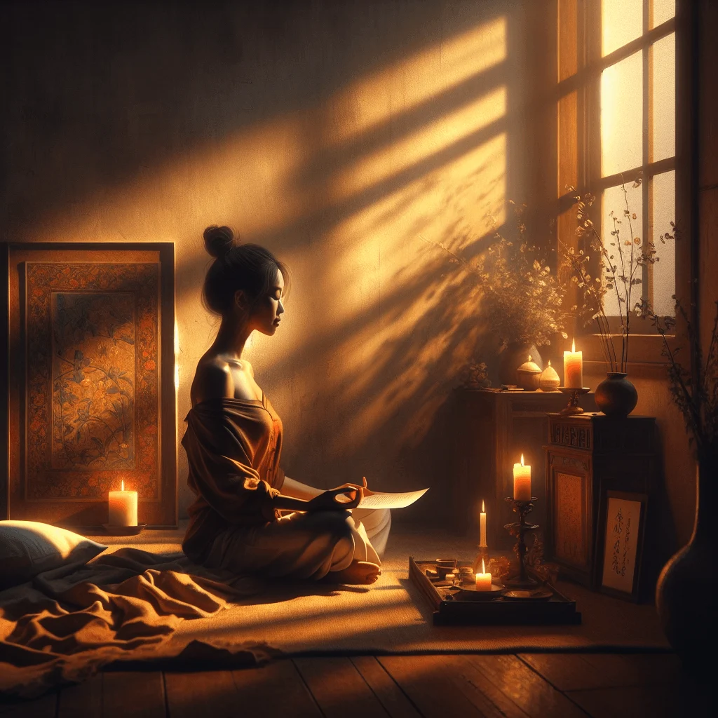 A calm person sitting cross-legged, reading a printed meditation script for anxiety on a wooden deck surrounded by nature.