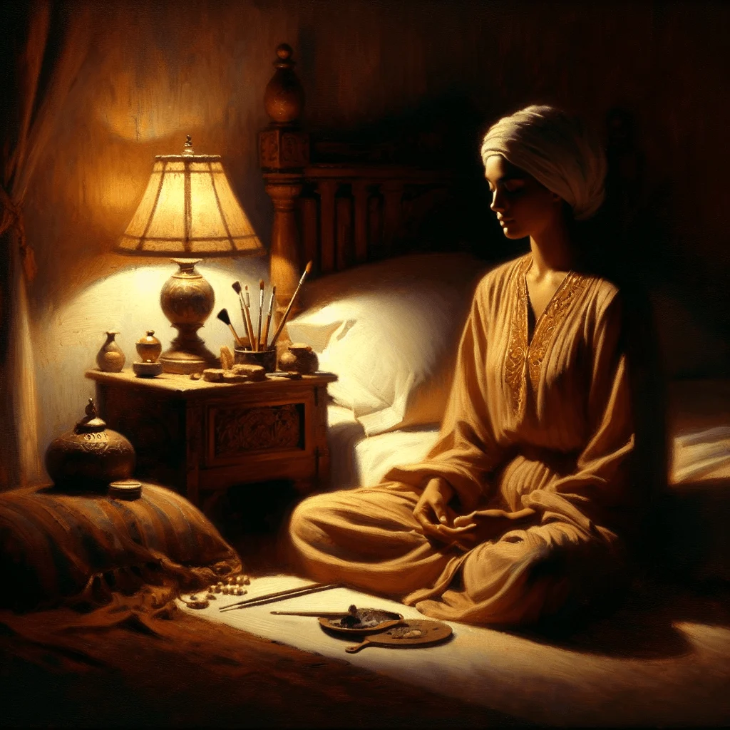 meditation before sleep, calming bedtime ritual with candles and peaceful woman