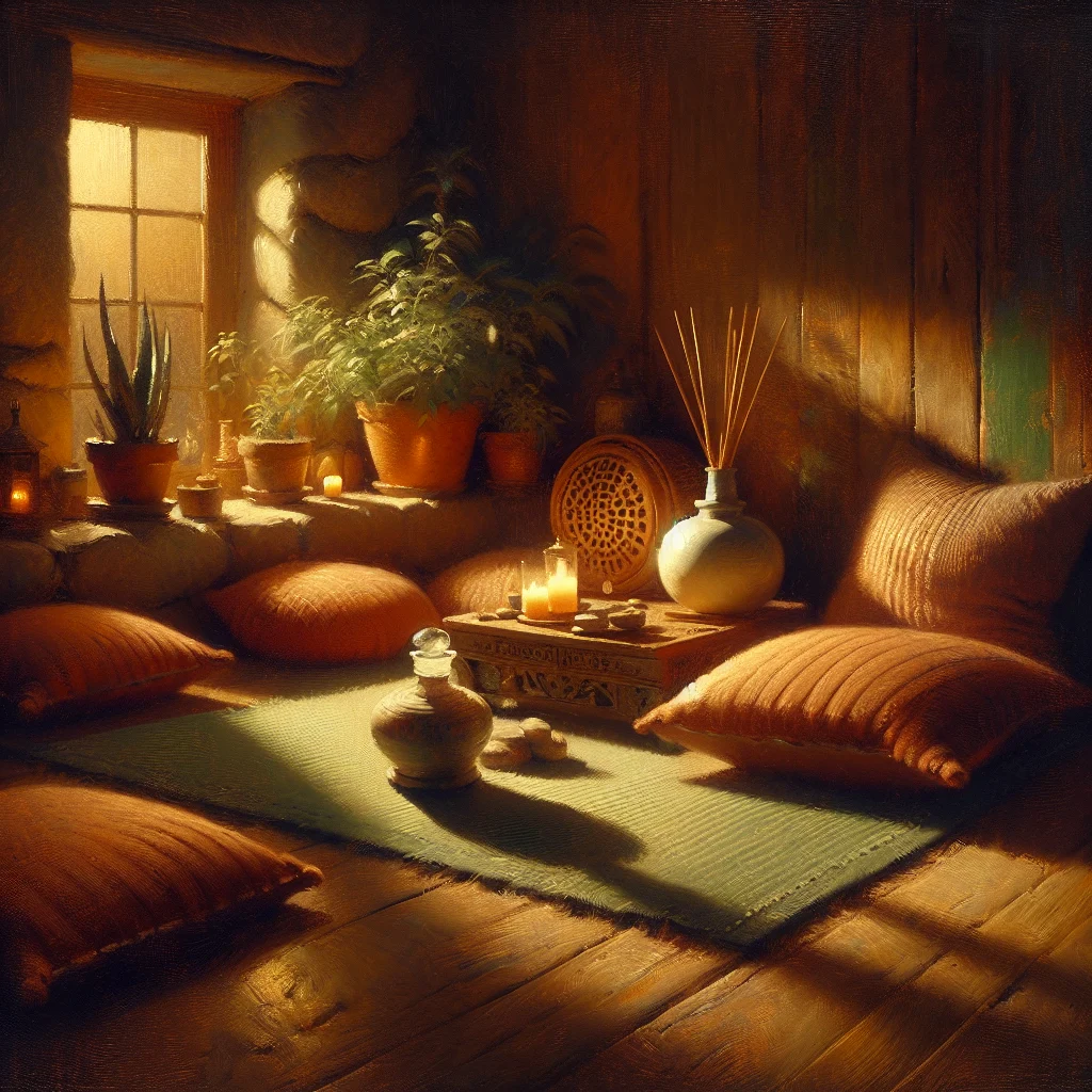 peaceful beginner meditation tools setup in living room corner