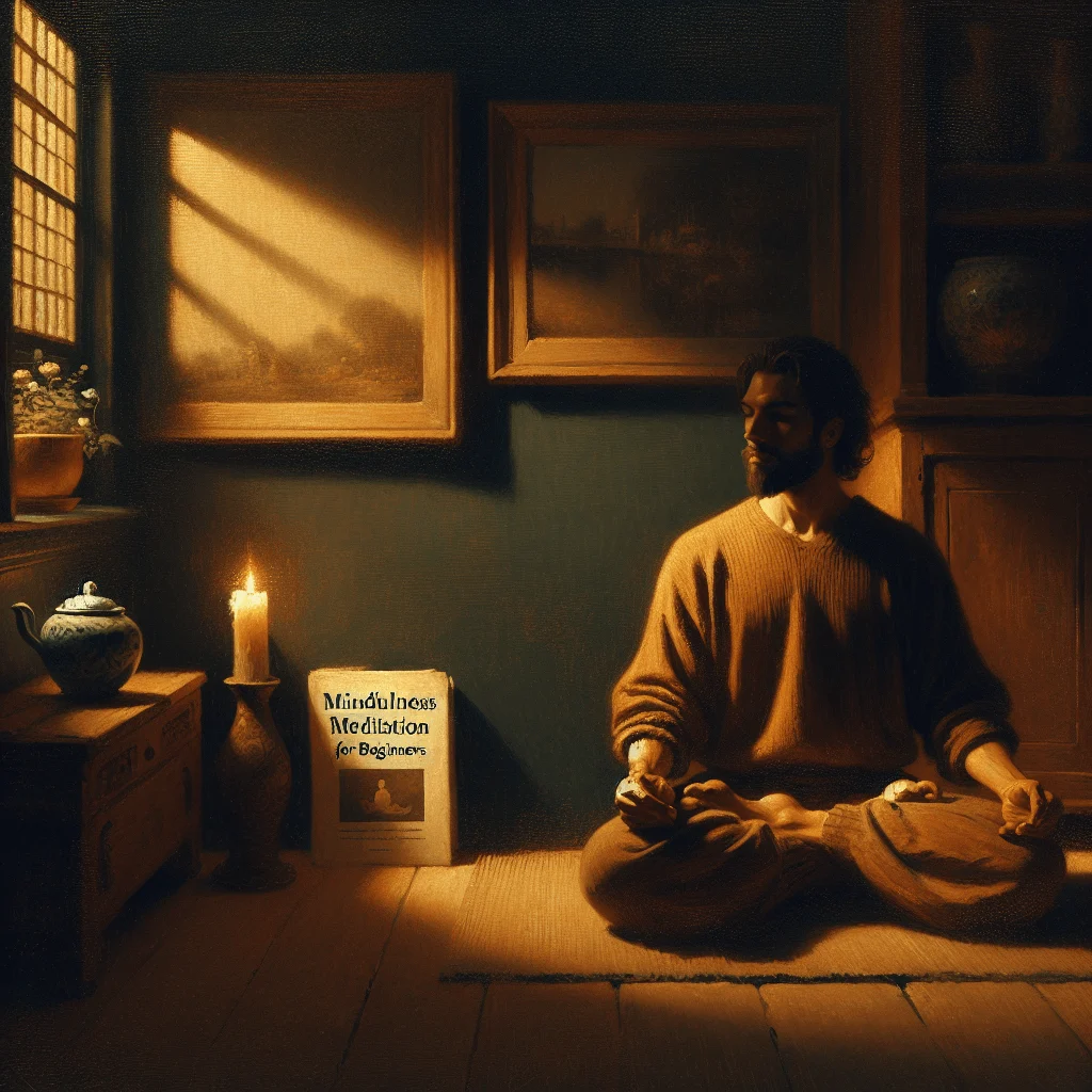 Beginner practicing mindfulness meditation using a downloadable PDF guide in a calm indoor space