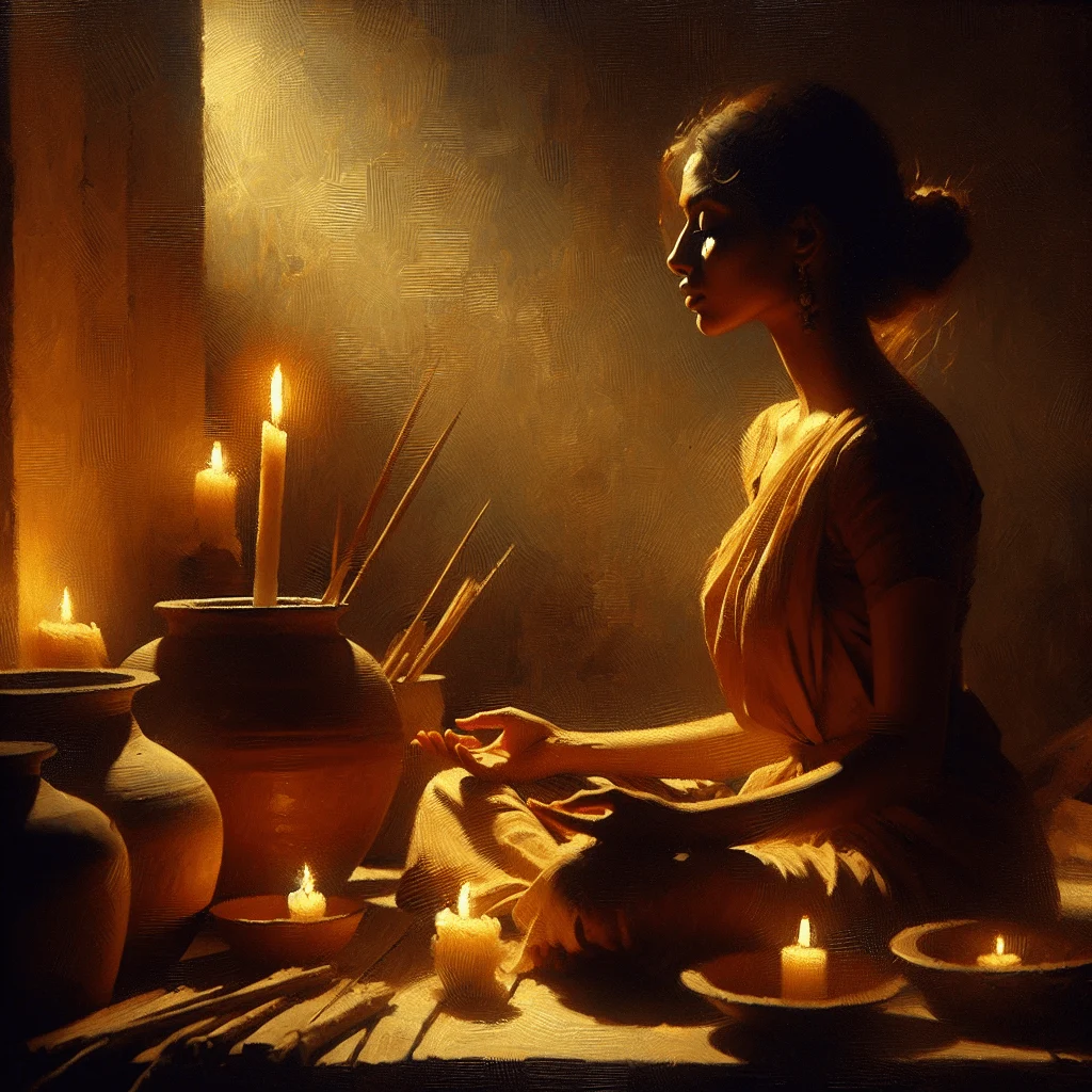 Person practicing candle gazing in a peaceful, dimly lit room with a single candle