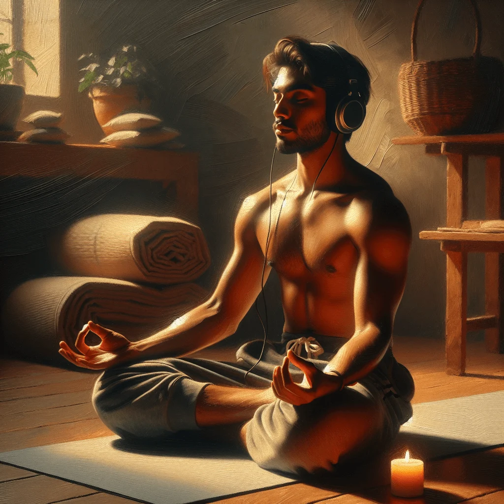 beginner meditator listening to audiobook on floor with candles and yoga mat