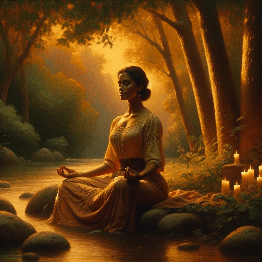 Person practicing best grounding meditation near a stream in nature