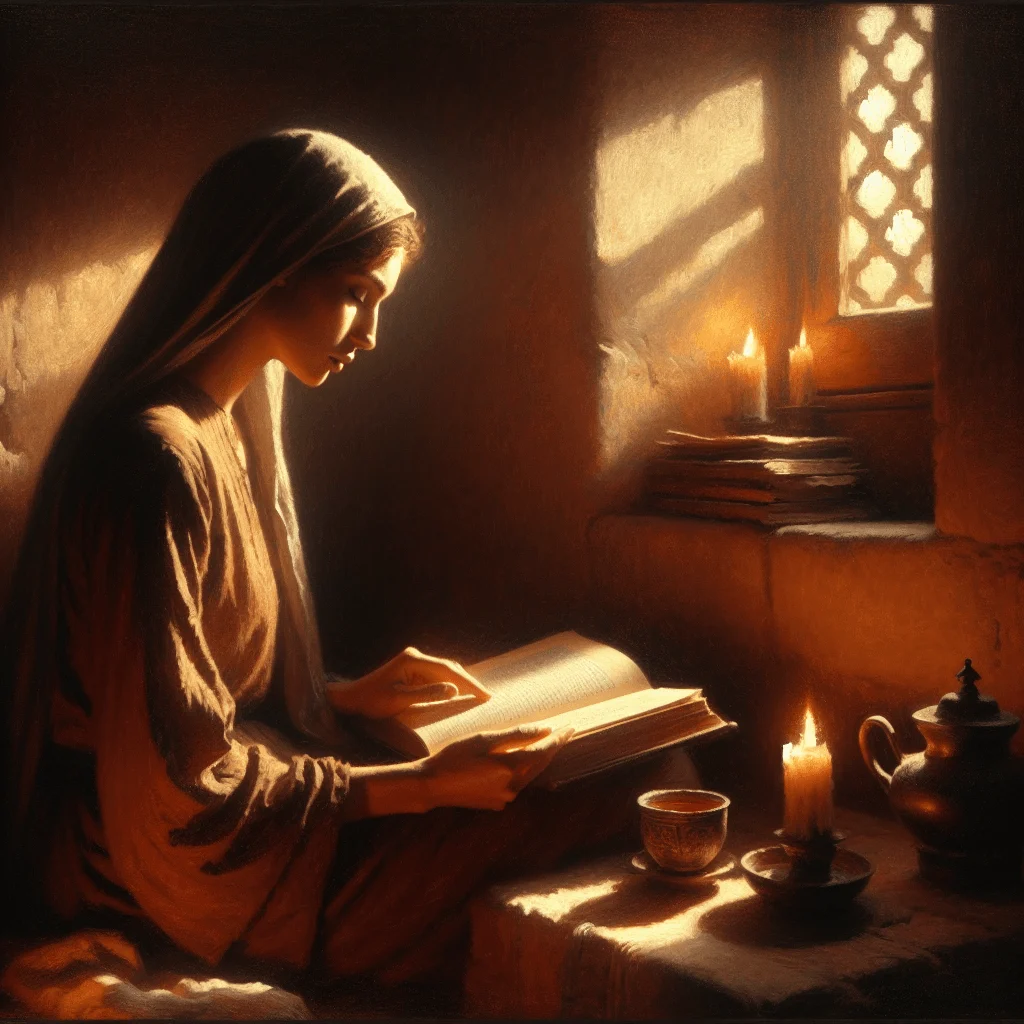 Woman reading one of the best meditation books of all time by candlelight