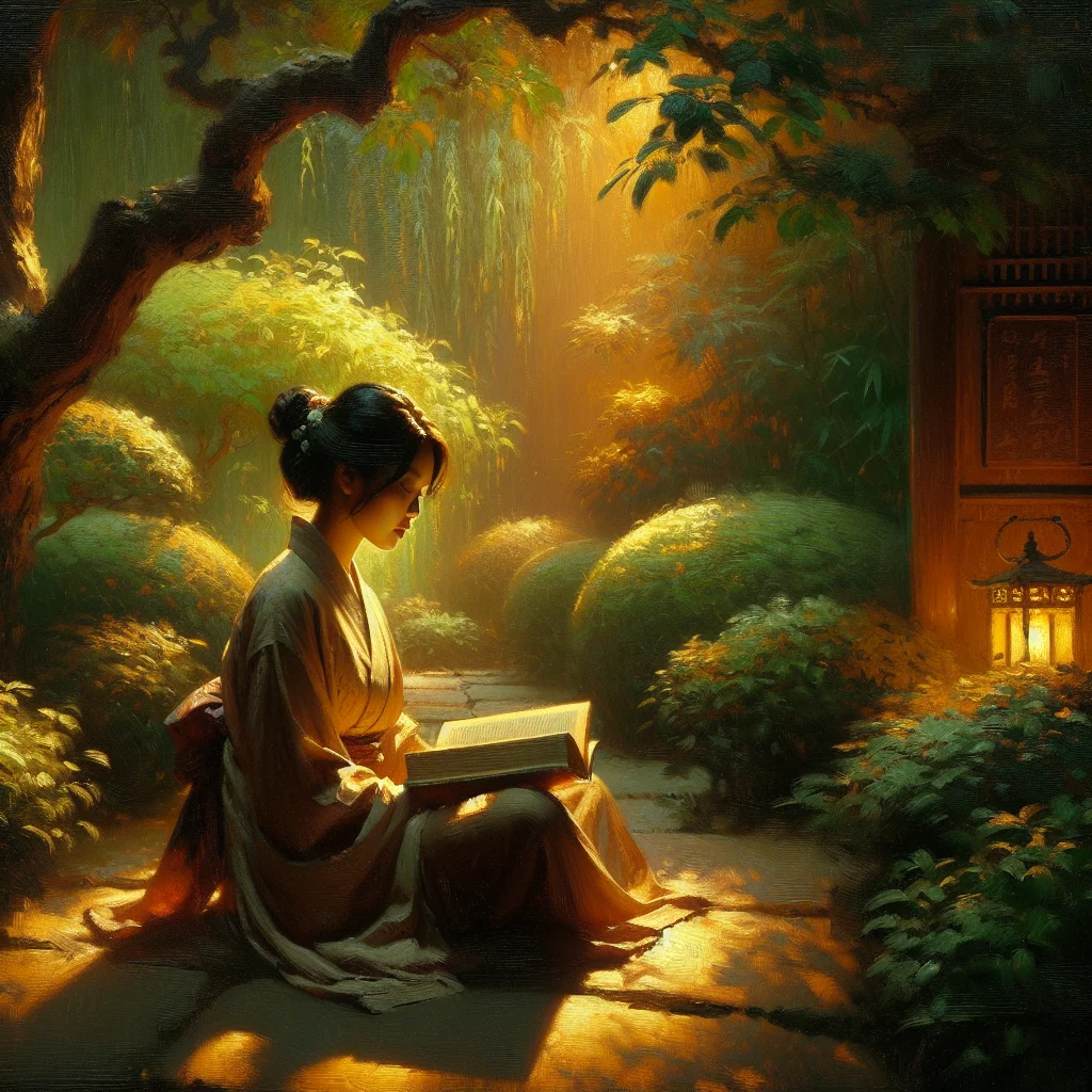 A woman reading one of the best meditation books of all time in a peaceful garden