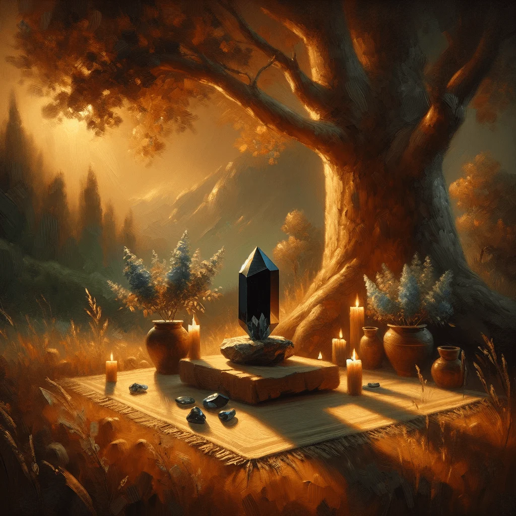 black tourmaline meditation setup outside under a tree with mat and candle
