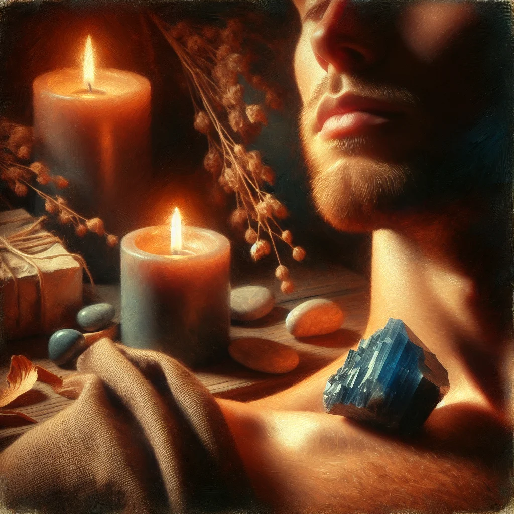 Blue kyanite crystal placed on throat chakra during meditation session