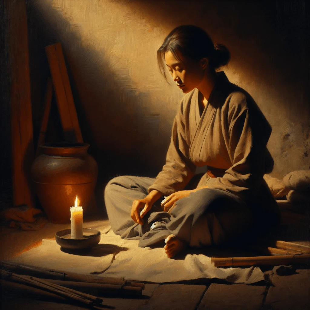 Woman sitting cross-legged in dark room with a candle for meditation