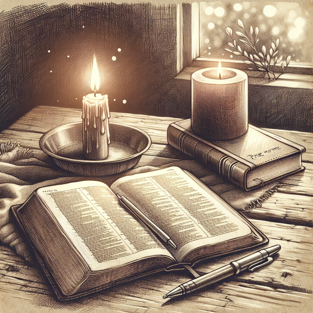 Christian guided meditation setup with Bible, journal, and candle