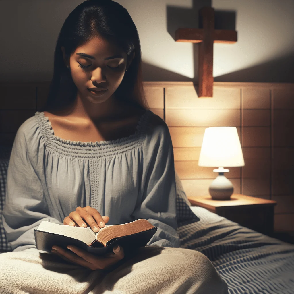 A woman practicing Christian meditation for sleep with scripture in a peaceful bedroom