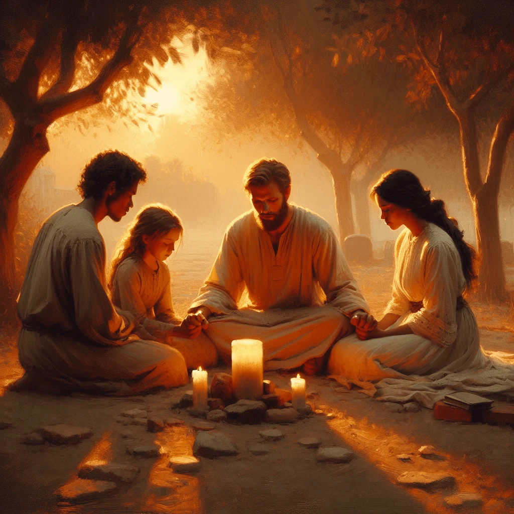 A family holding hands while praying outdoors with peaceful expressions, symbolizing Christian meditations on hope