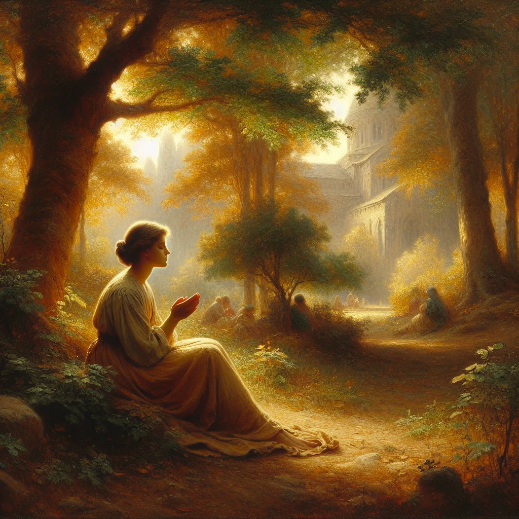 A woman with hands folded in prayer meditating in nature, expressing Christian spiritual connection