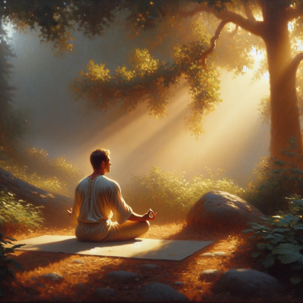 man in relaxed outfit meditating outdoors on yoga mat with greenery around