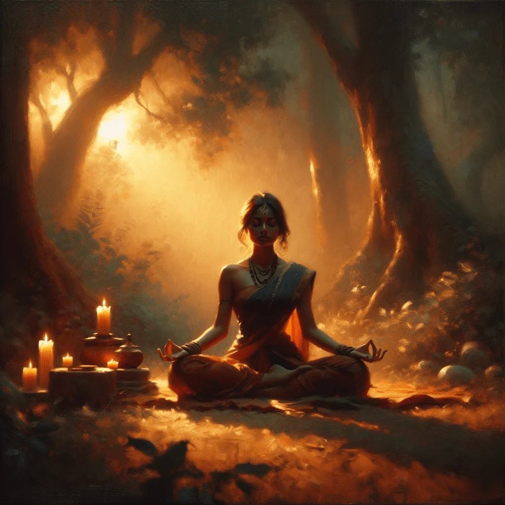 woman practicing meditation in a quiet forest, highlighting the difference between meditate and ponder
