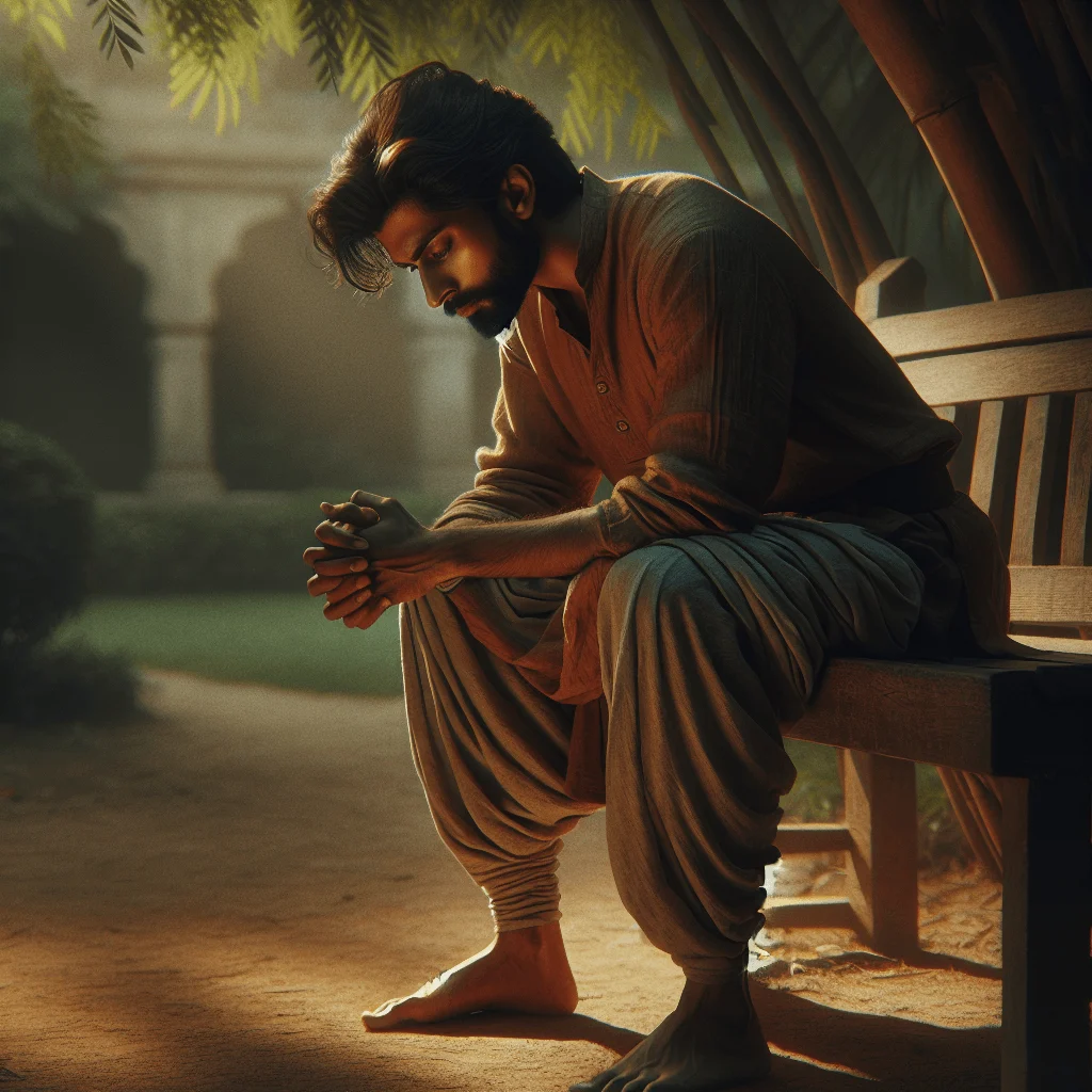 man sitting on bench thinking deeply, representing the act of pondering and its difference from meditation