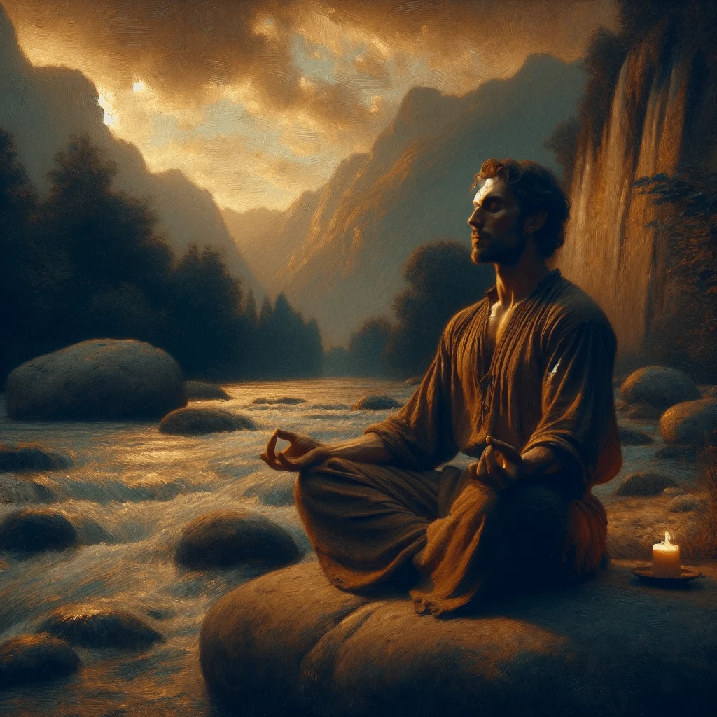 man practicing meditation beside a quiet river with a peaceful smile