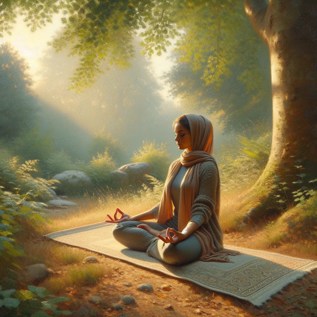 woman practicing meditation outdoors on a yoga mat, calm and focused