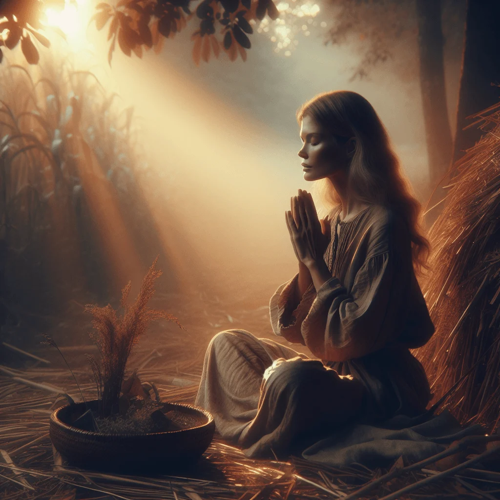Christian woman meditating and praying peacefully in nature
