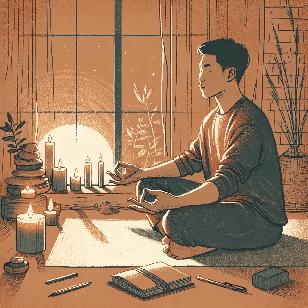 evening-meditation-relaxation-benefits Person meditating at night with soft candlelight around