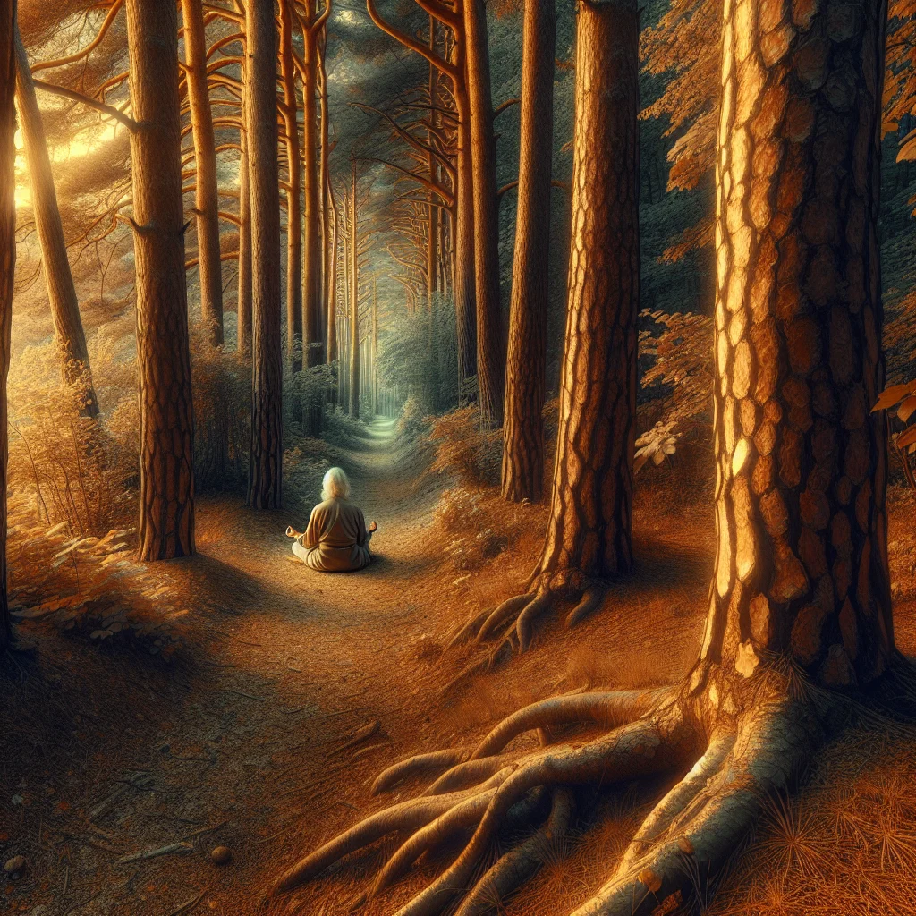 Person meditating mindfully on a forest path surrounded by green foliage and morning light.