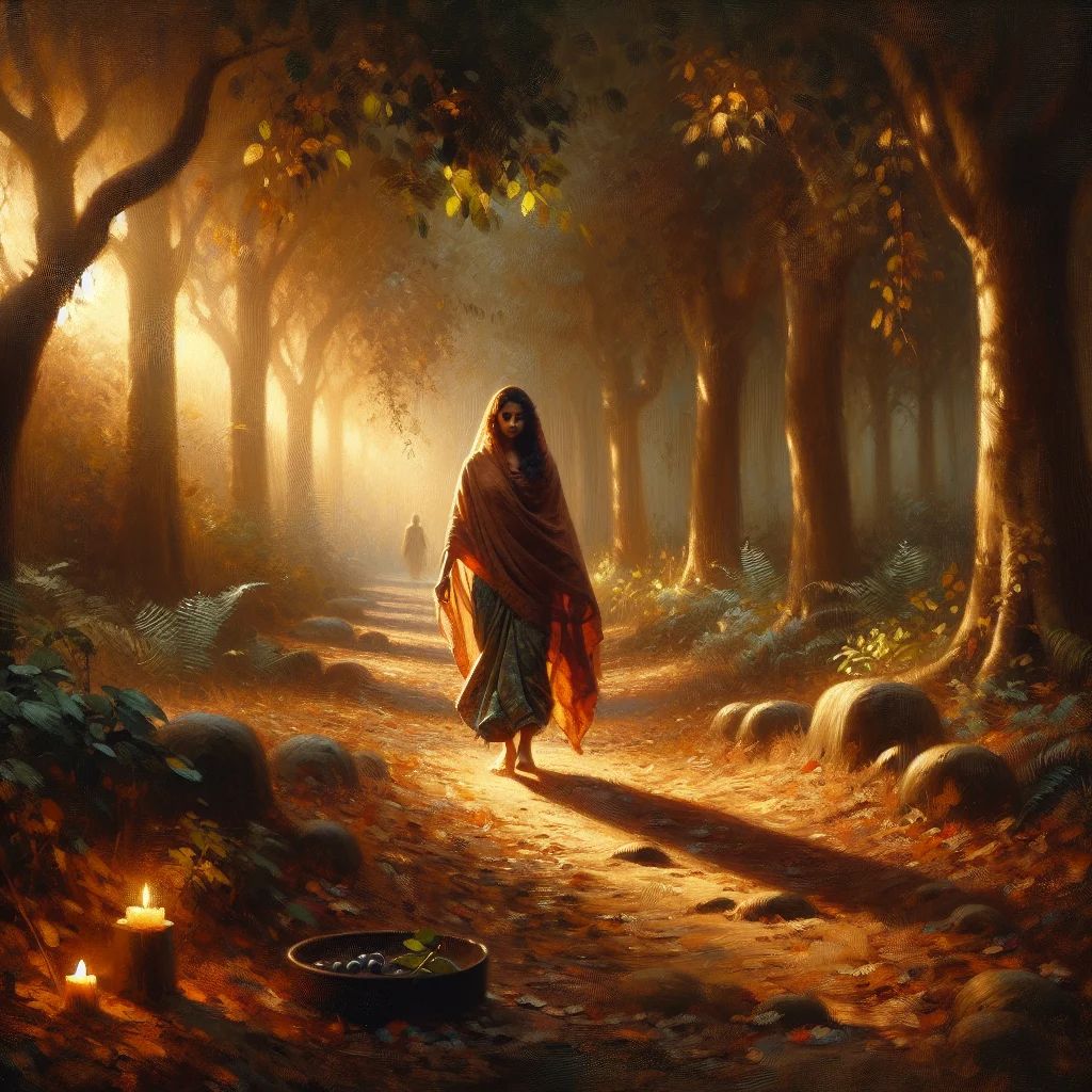 Woman doing grounding meditation through mindful walking in forest