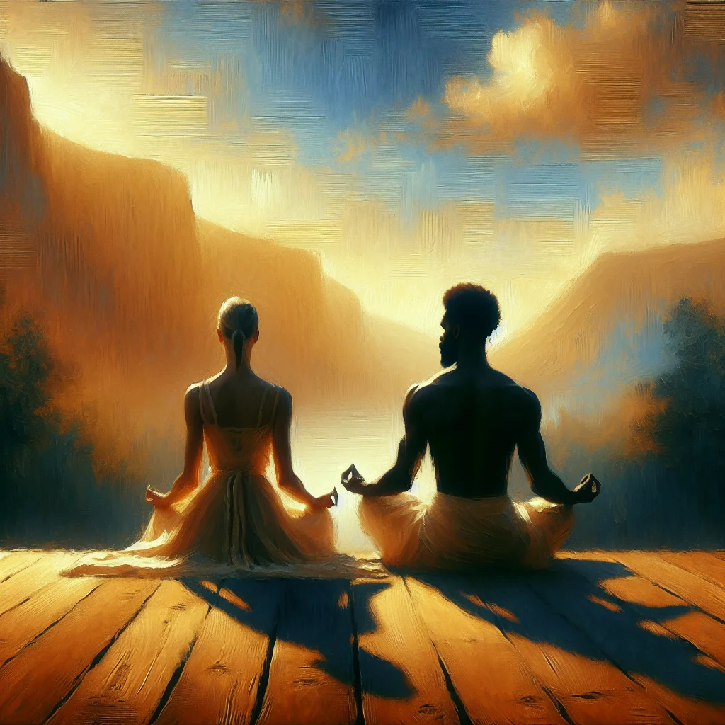 Couple practicing guided meditation for heart health together in nature