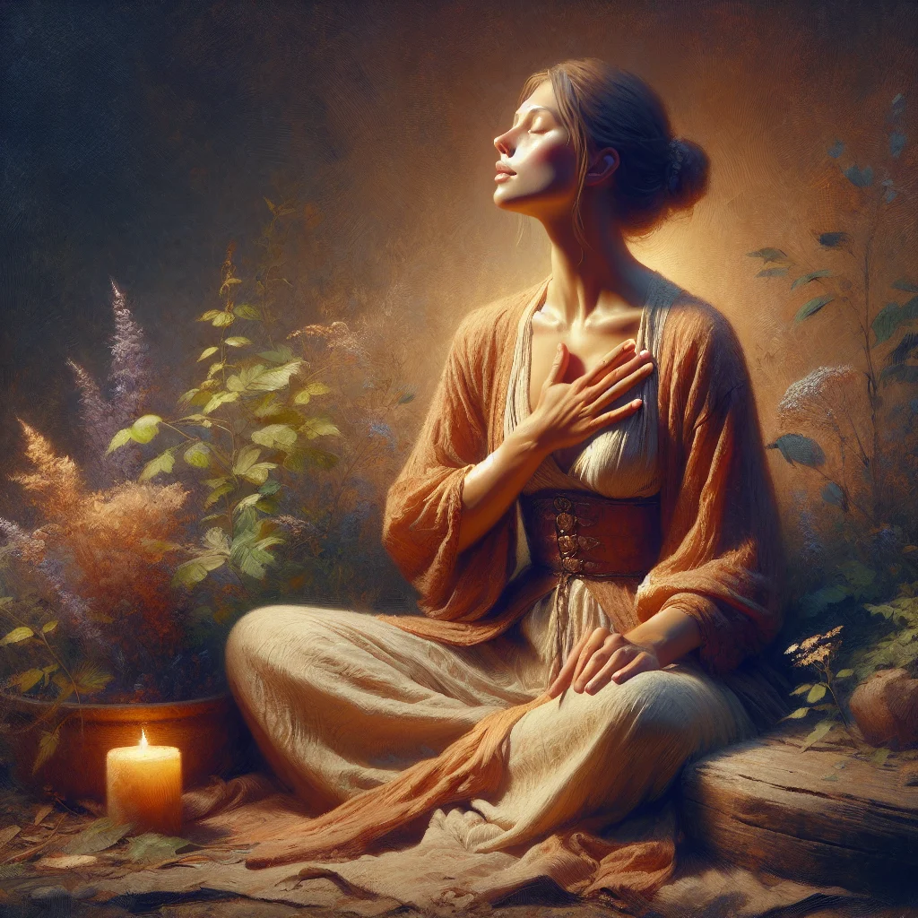 Woman practicing guided meditation for heart health in peaceful nature