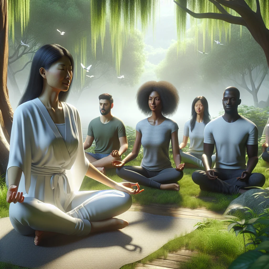 Woman guiding a small meditation group outdoors in nature with calm body language