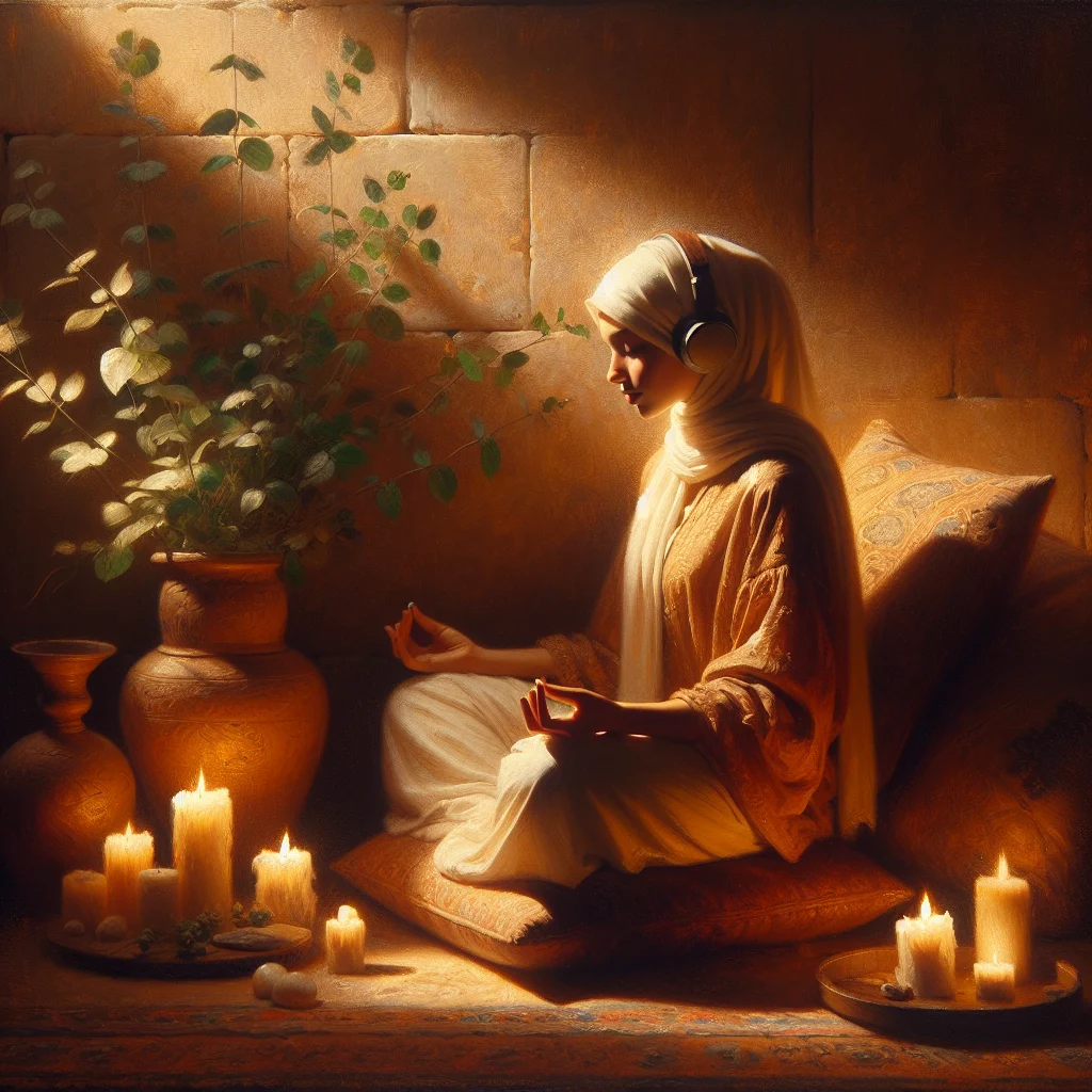 Person meditating with headphones in a cozy indoor home setup