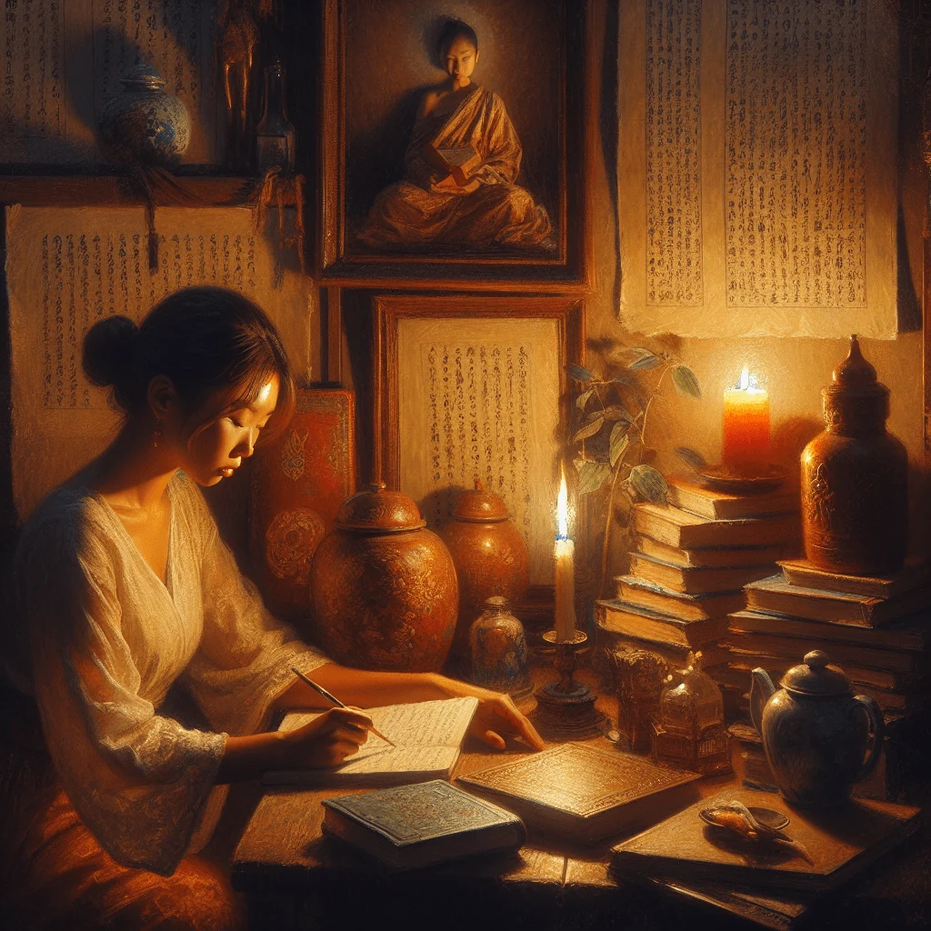 Modern person practicing Hebrew meditation with journaling and chanting techniques