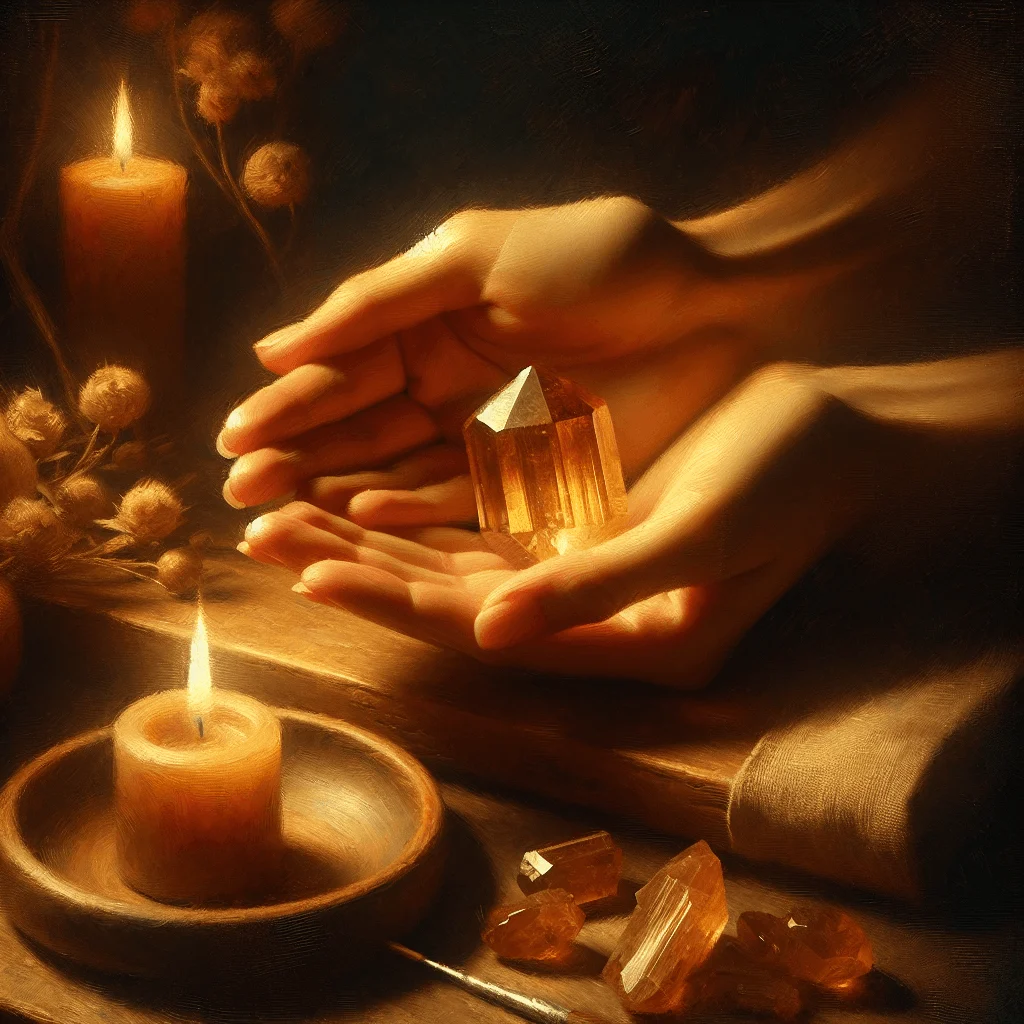 Hands holding citrine stone in focused meditation posture