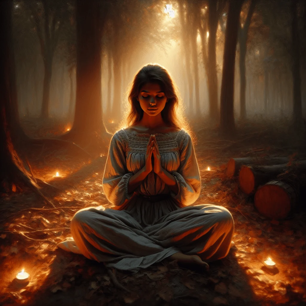 A peaceful Christian woman meditating in nature, surrounded by morning light and trees, representing hope through faith