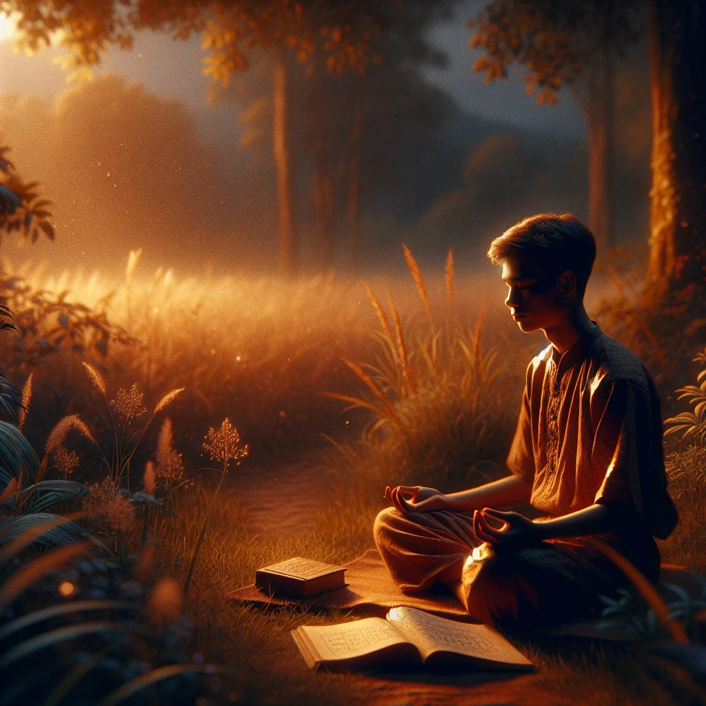 Student practicing meditation while surrounded by math symbols and books