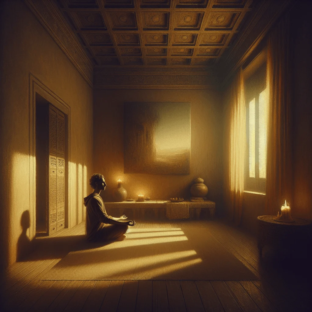 Person sitting cross-legged in a quiet room practicing Vipassana meditation at home