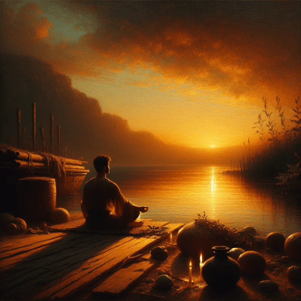 Man meditating with eyes closed, finding his primordial sound mantra near a lake