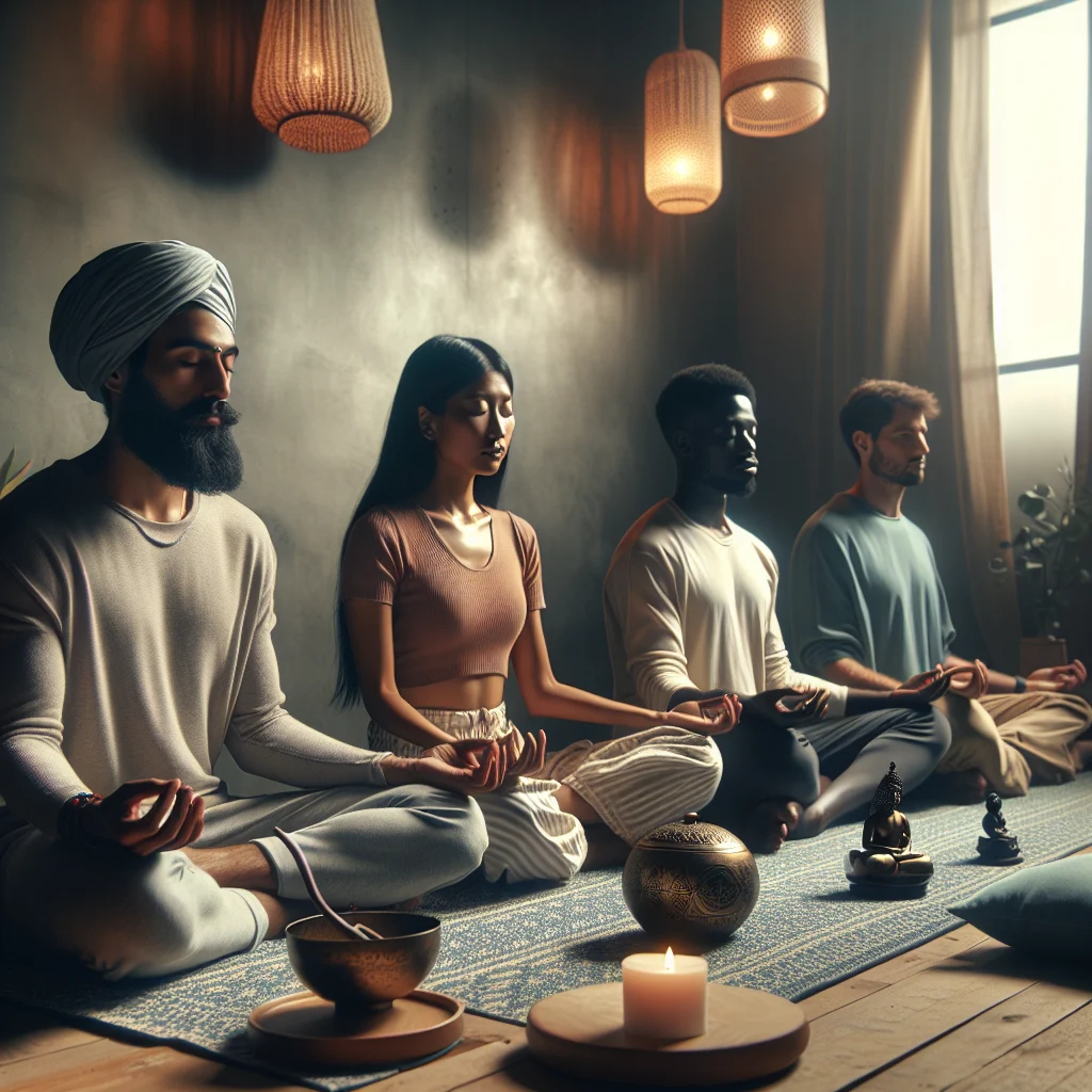 Group of people sitting on meditation cushions in a bright studio during a guided session