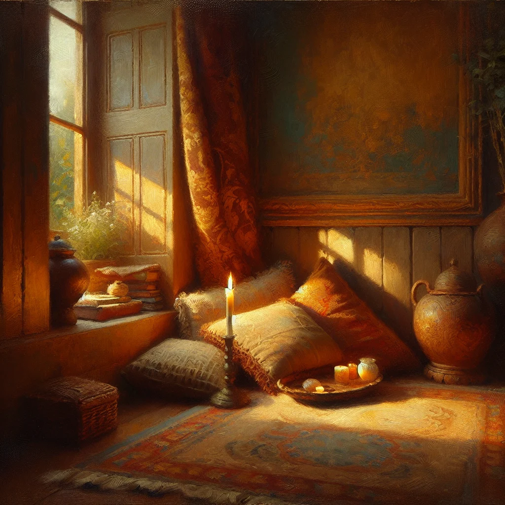 Peaceful corner set up for meditating in silence at home