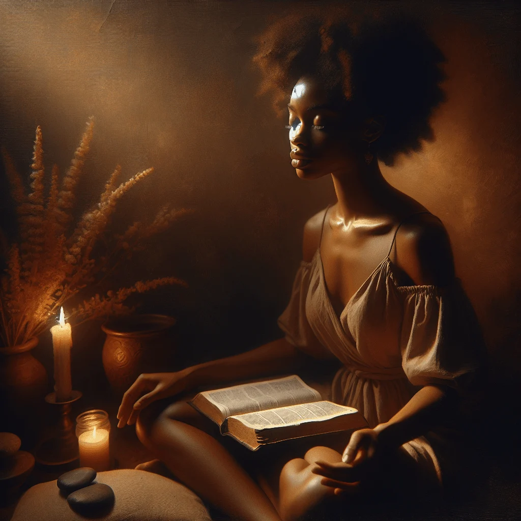 Woman calmly meditating with an open Bible in her hands