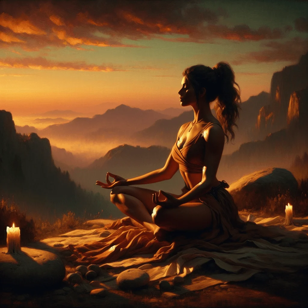 imgalt1 A strong woman sitting cross-legged in a meditation pose, facing the sunrise, representing meditation for female empowerment