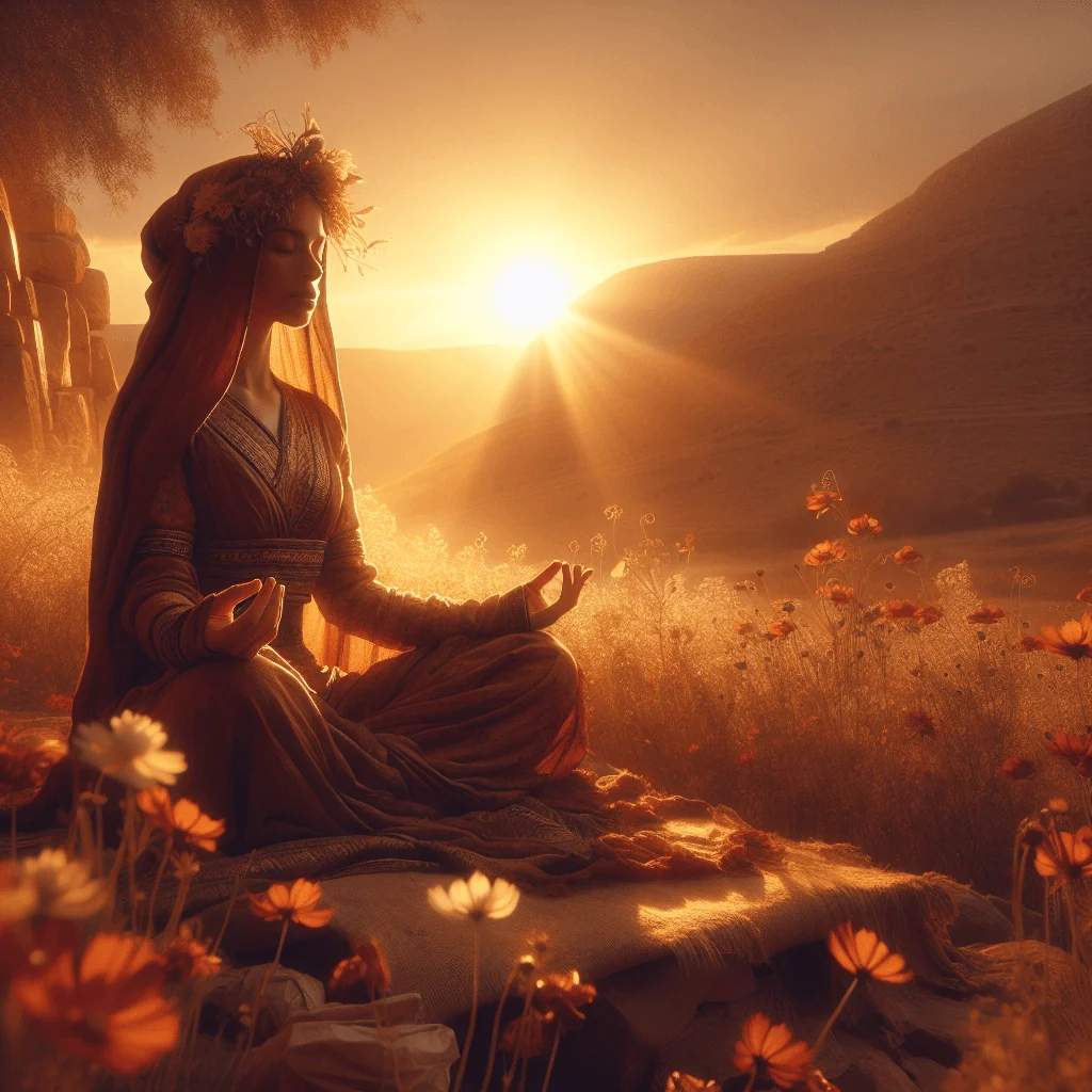 A woman meditating peacefully in a field of wildflowers during golden hour, reflecting inner self-love and empowerment