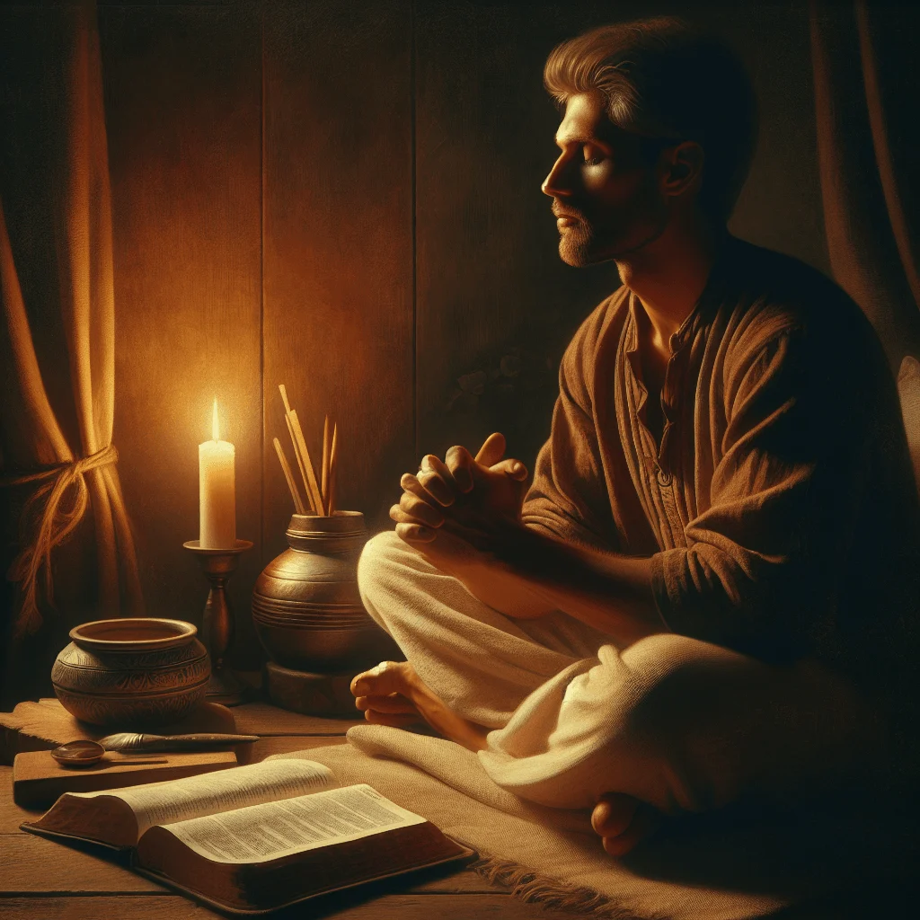 Christian man meditating with Bible open in home setting