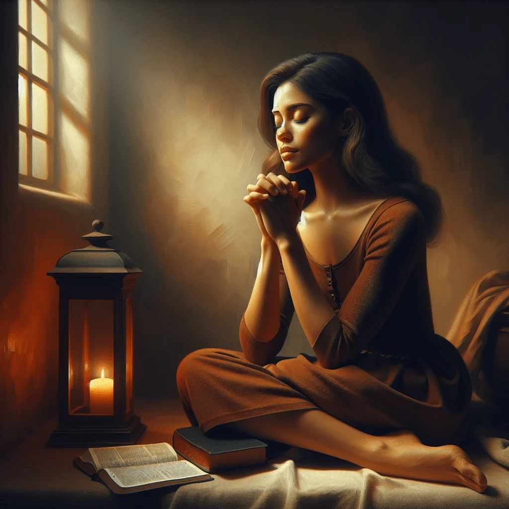 Christian woman meditating prayerfully with eyes closed in peaceful environment