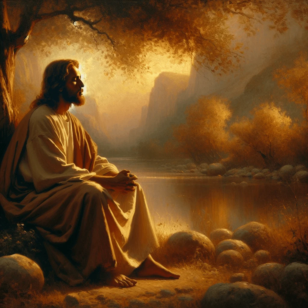 Jesus meditating alone in nature, seated peacefully by a quiet riverbank