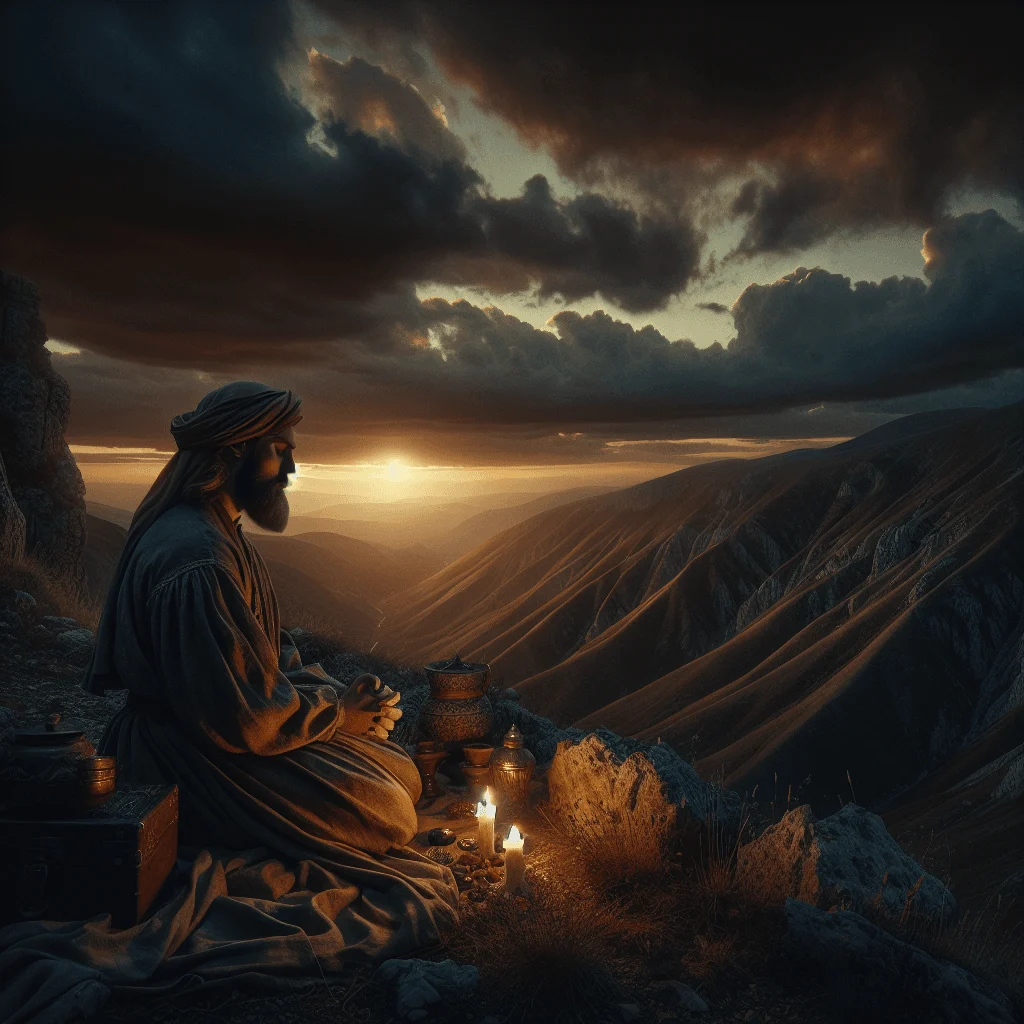 Jesus praying in solitude on a mountain, surrounded by twilight
