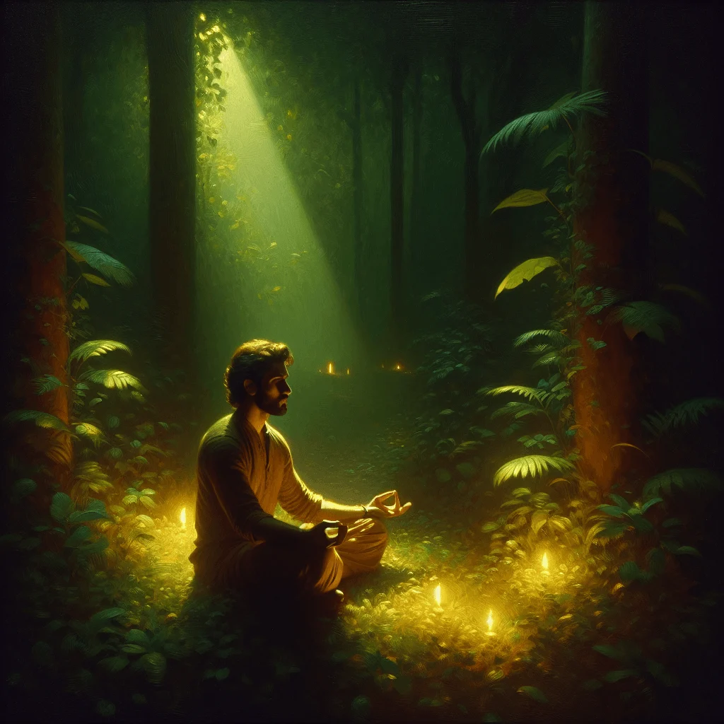 A person meditating like a Vulcan alone in a serene forest, eyes closed, surrounded by green light