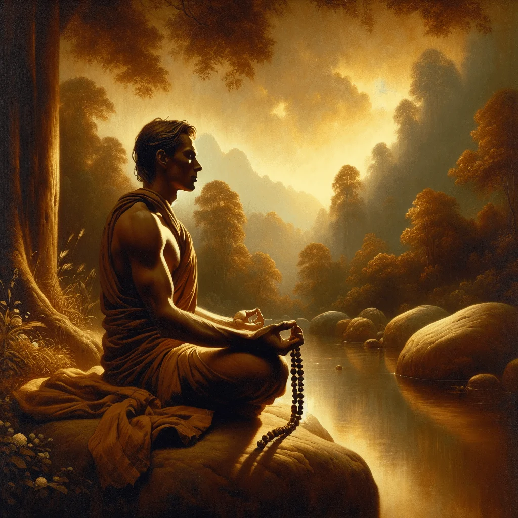 Meditating with Rudraksha beads in natural setting